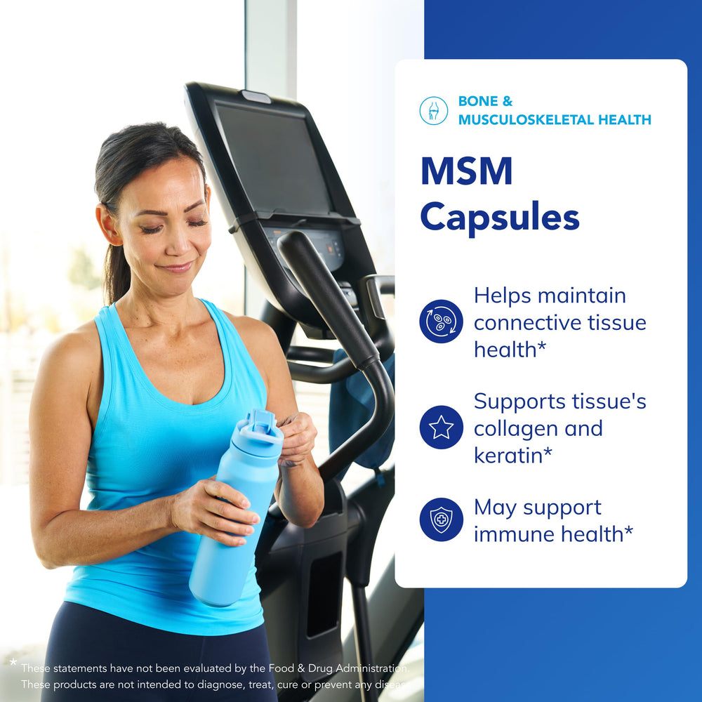 Pure Encapsulations MSM capsules label close-up shows purity and allergen-free formulation.