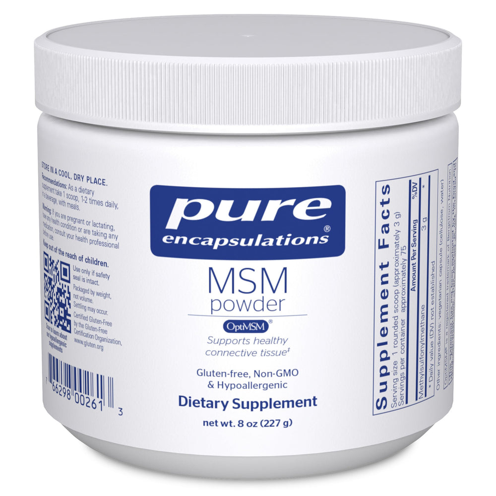 Pure Encapsulations MSM powder bottle shows clean label for joint comfort potential.