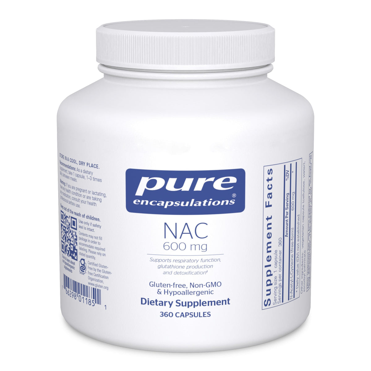 Pure Encapsulations NAC 600 mg bottle showing label for antioxidant support.