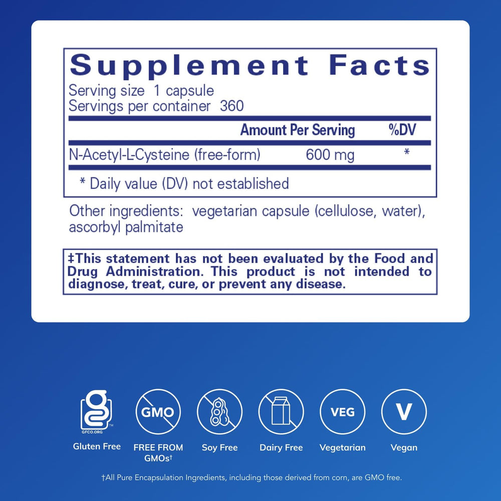 Pure Encapsulations NAC 600 mg capsules close-up highlighting easy daily intake.