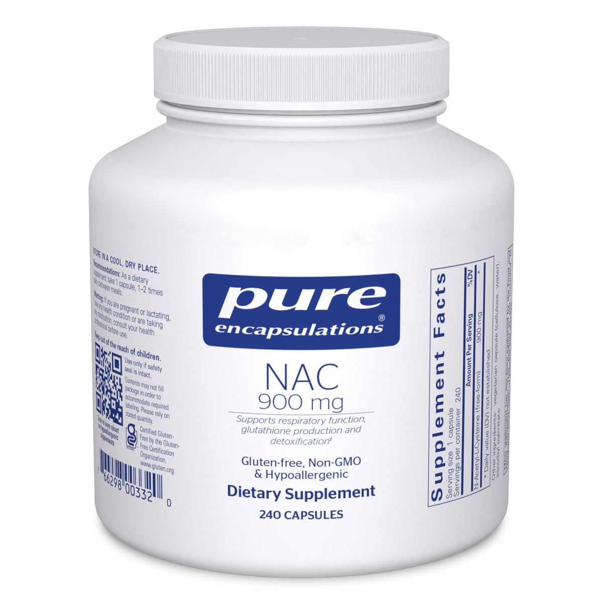 Pure Encapsulations NAC 900 mg capsules in bottle, supporting lung health and immune function.