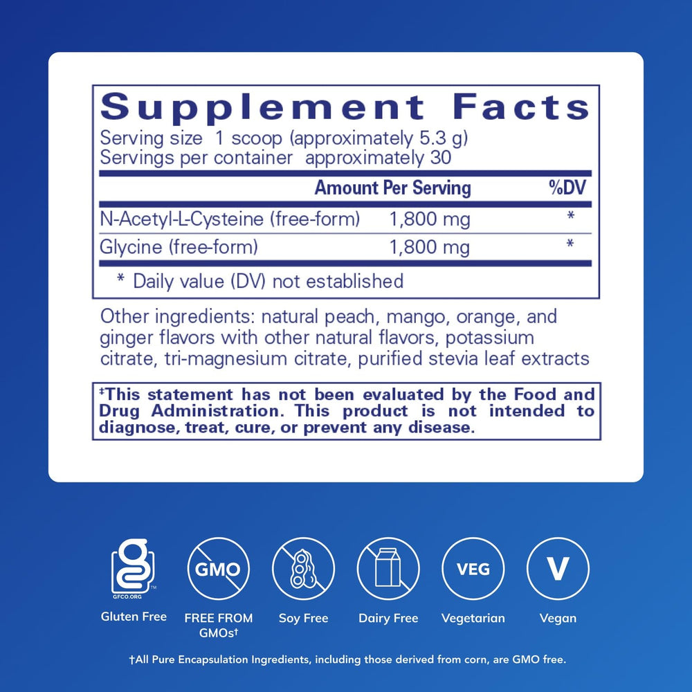 NAC + Glycine powder label highlights clean ingredients.