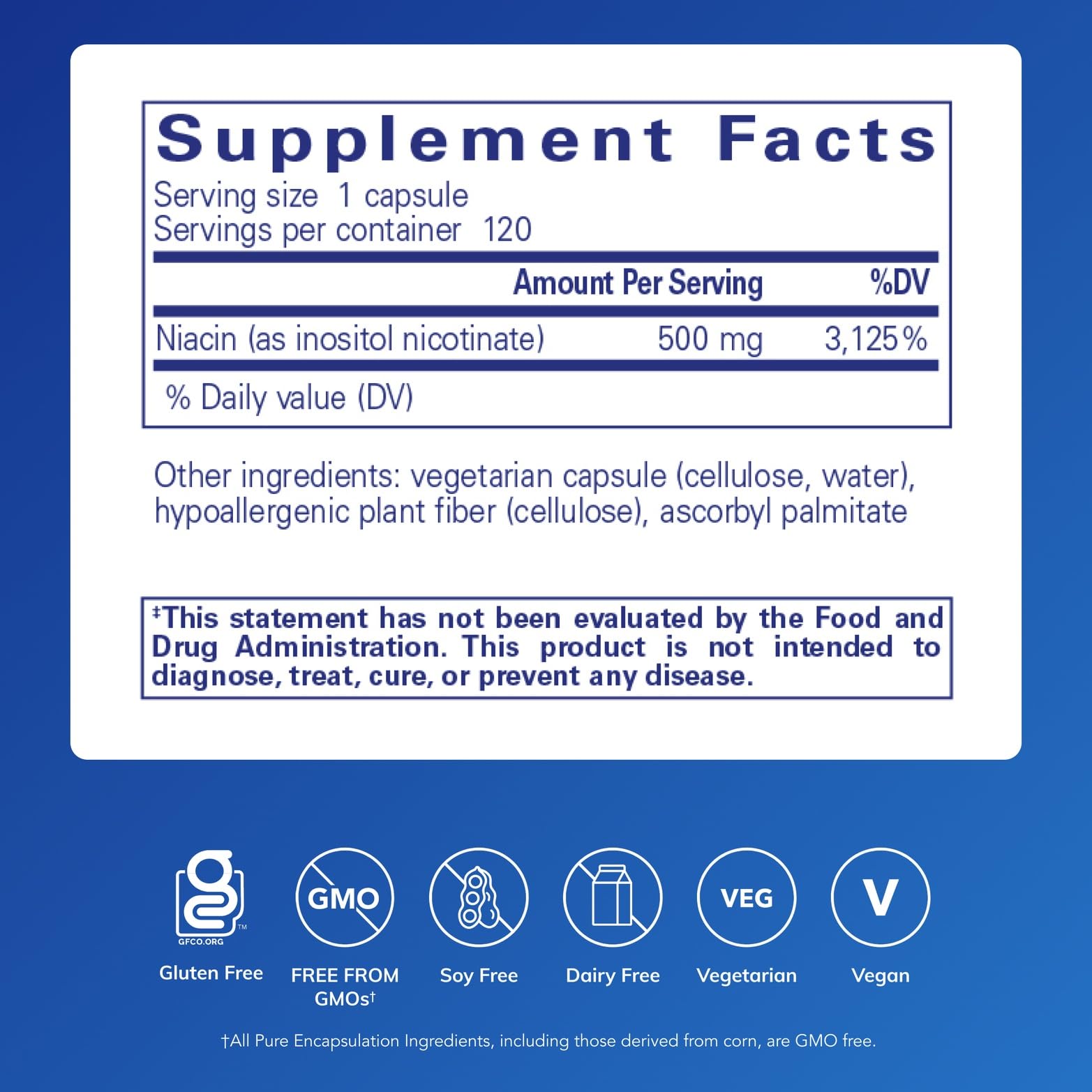 Pure Encapsulations Niacitol 500 mg bottle label shows ingredients and no-flush design.