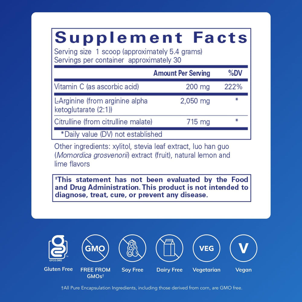 Nitric Oxide Support label close-up by Pure Encapsulations shows premium ingredients and quality testing