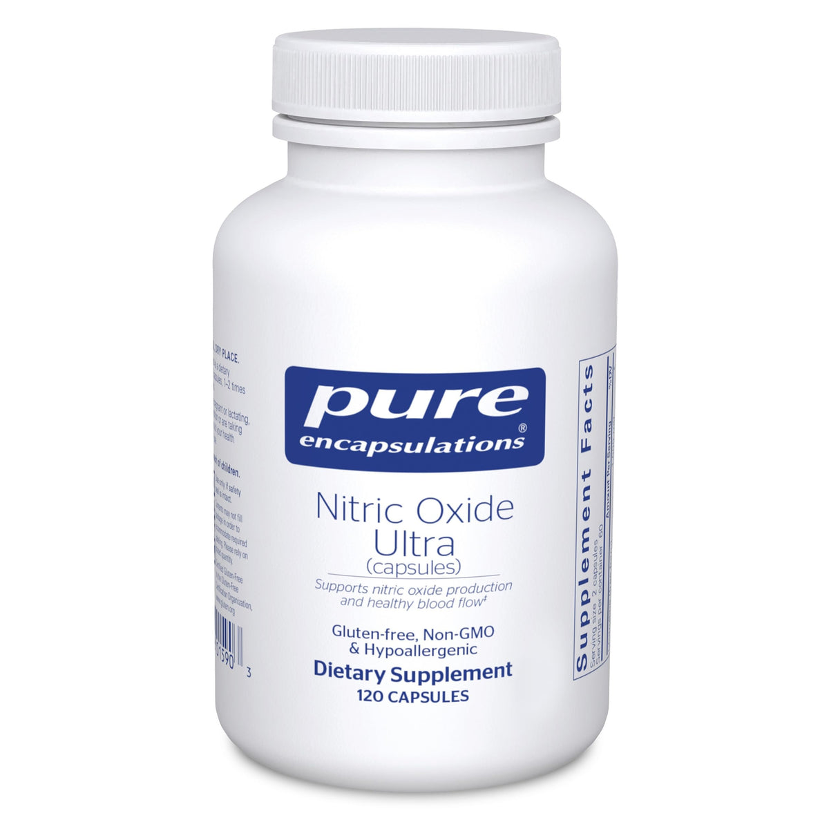 Pure Encapsulations Nitric Oxide Ultra bottle highlighting vascular support for daily wellness.