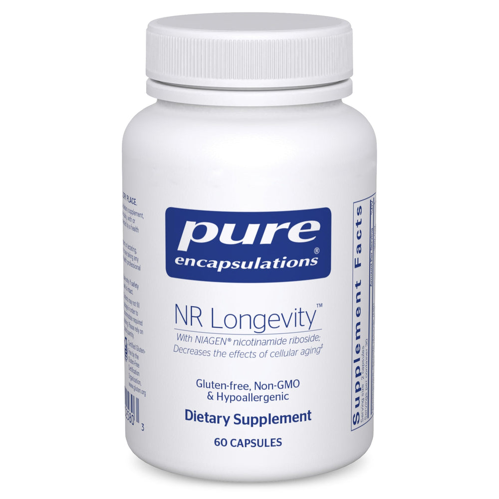 Pure Encapsulations NR Longevity bottle on countertop for NAD+ support.
