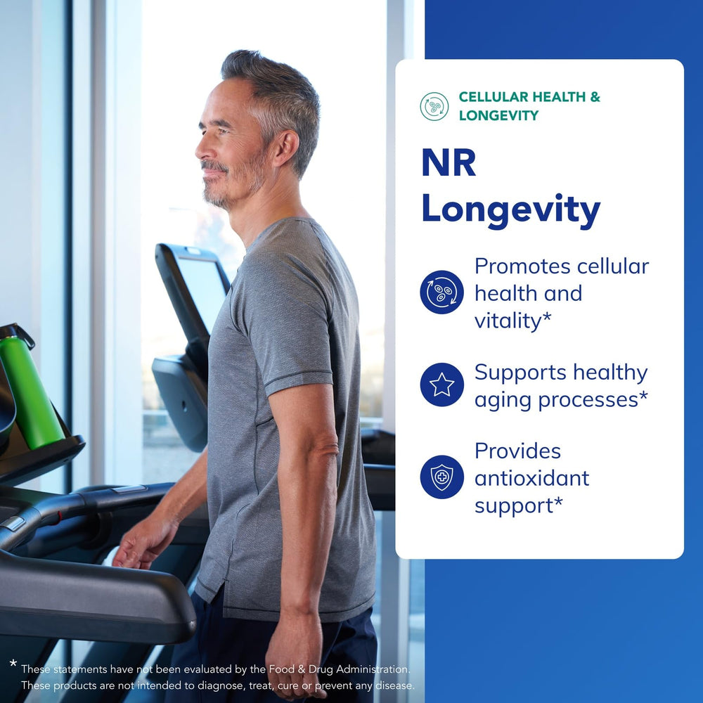 NR Longevity label close-up highlights gluten-free and non-GMO formulation.