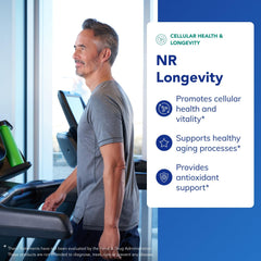 NR Longevity label close-up highlights gluten-free and non-GMO formulation.