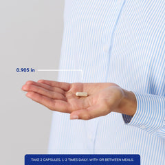 Serving setup with two capsules illustrates daily dosage.