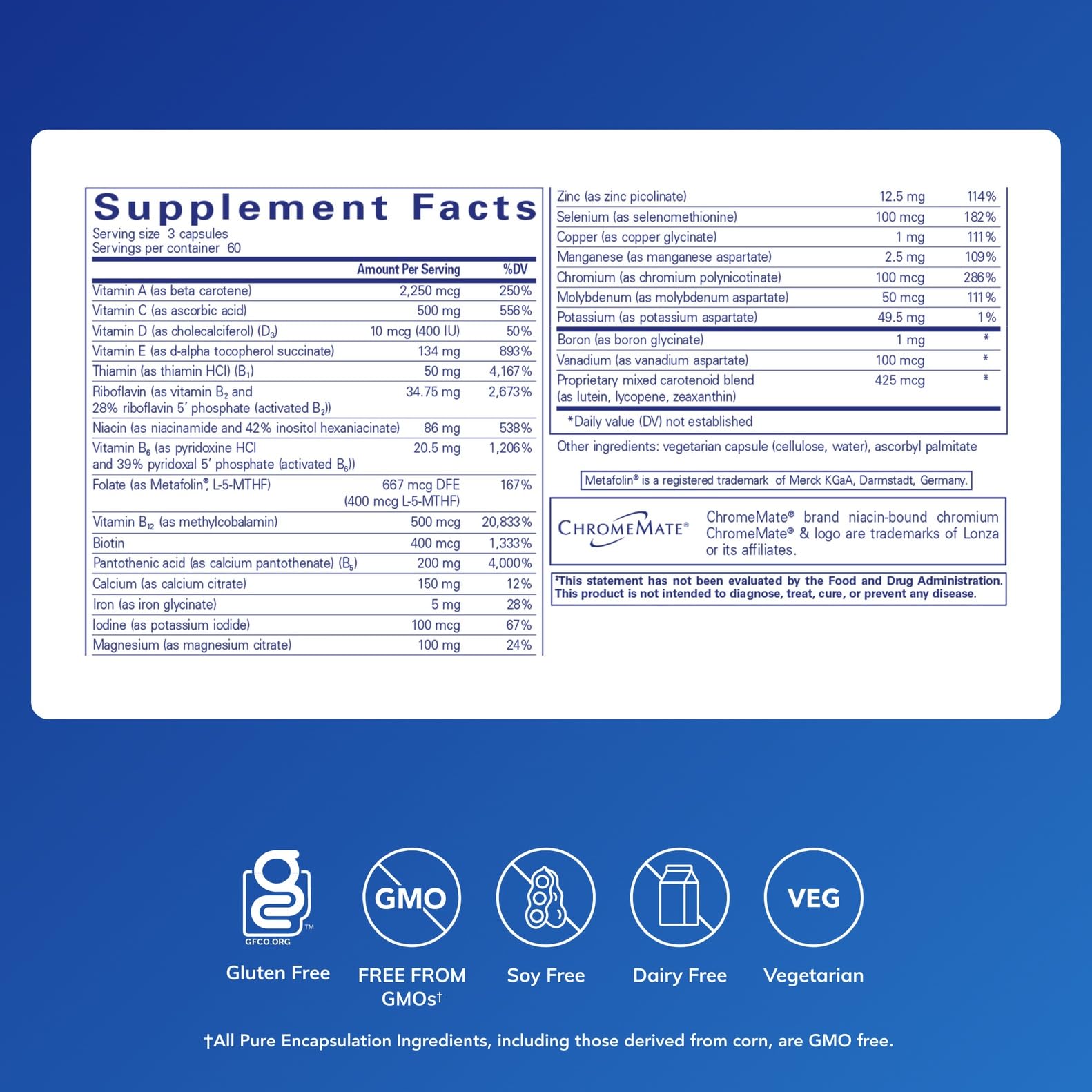 Pure Encapsulations Nutrient 950 bottle back notes gentle allergen-free formulation.