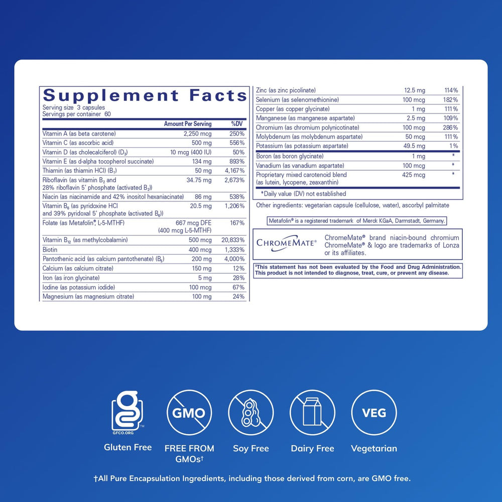 Pure Encapsulations Nutrient 950 bottle back notes gentle allergen-free formulation.