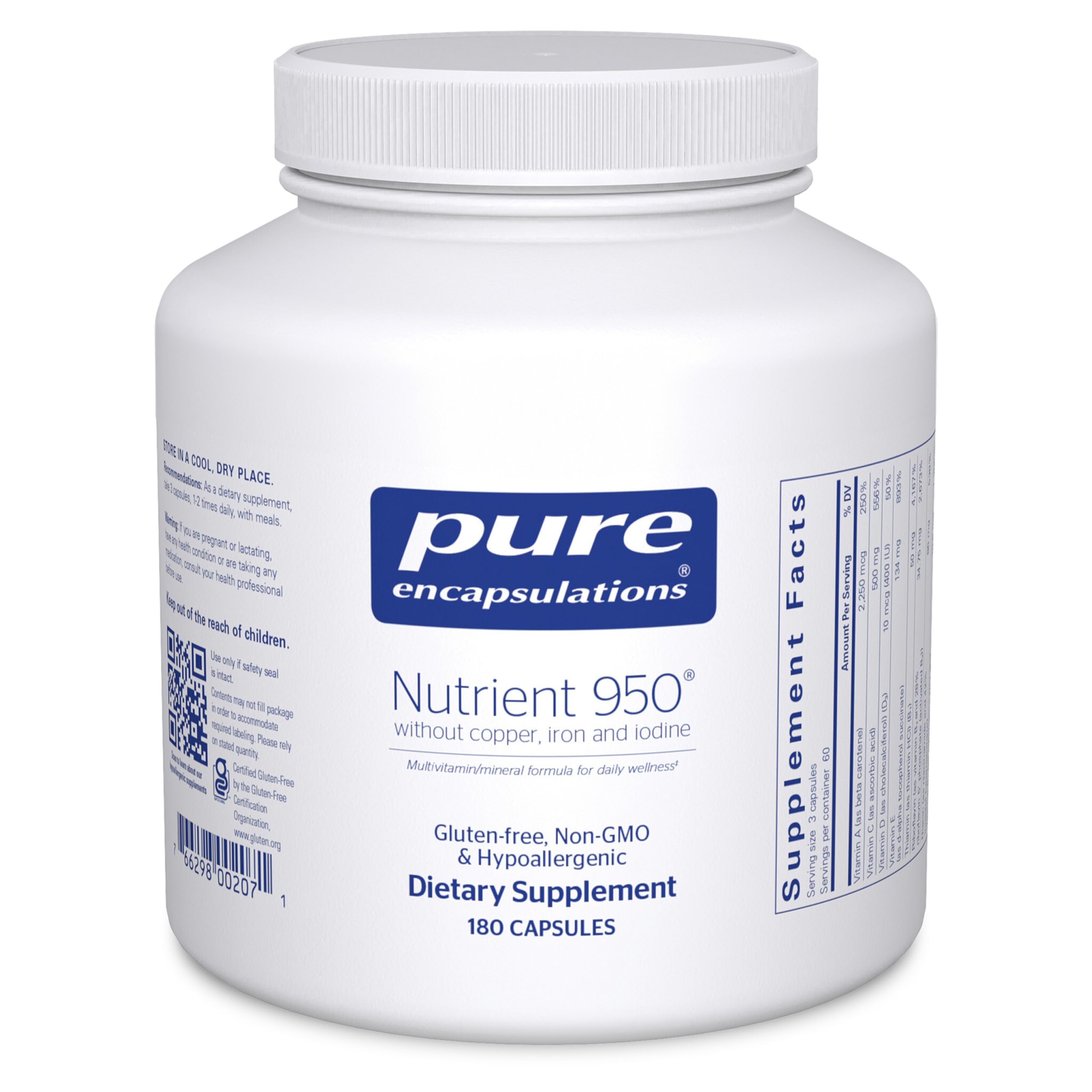 Pure Encapsulations Nutrient 950 bottle with clear label, highlighting antioxidant benefits