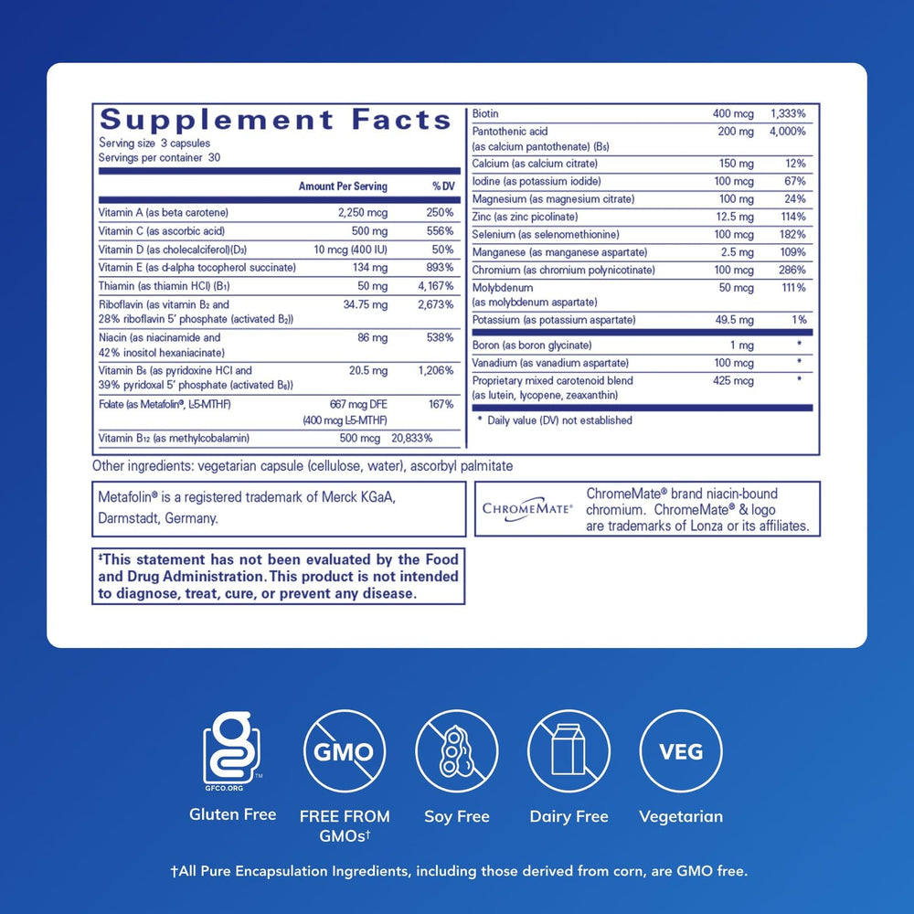 Pure Encapsulations Nutrient 950 label close-up shows copper- and iron-free design.
