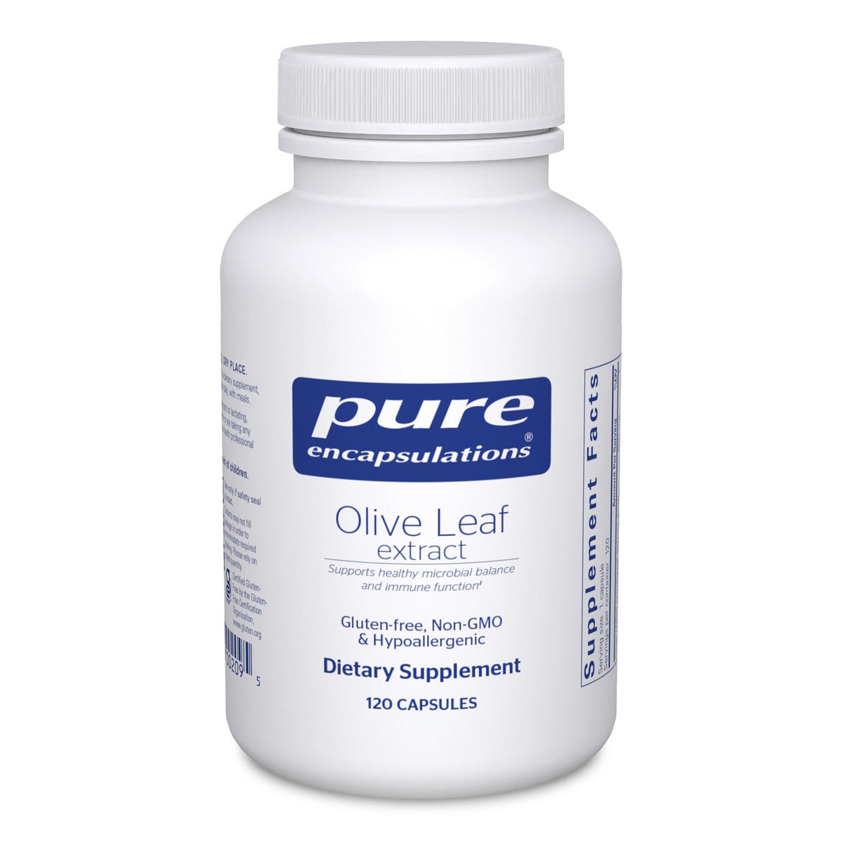 Pure Encapsulations Olive Leaf Extract bottle shown for everyday immune support.