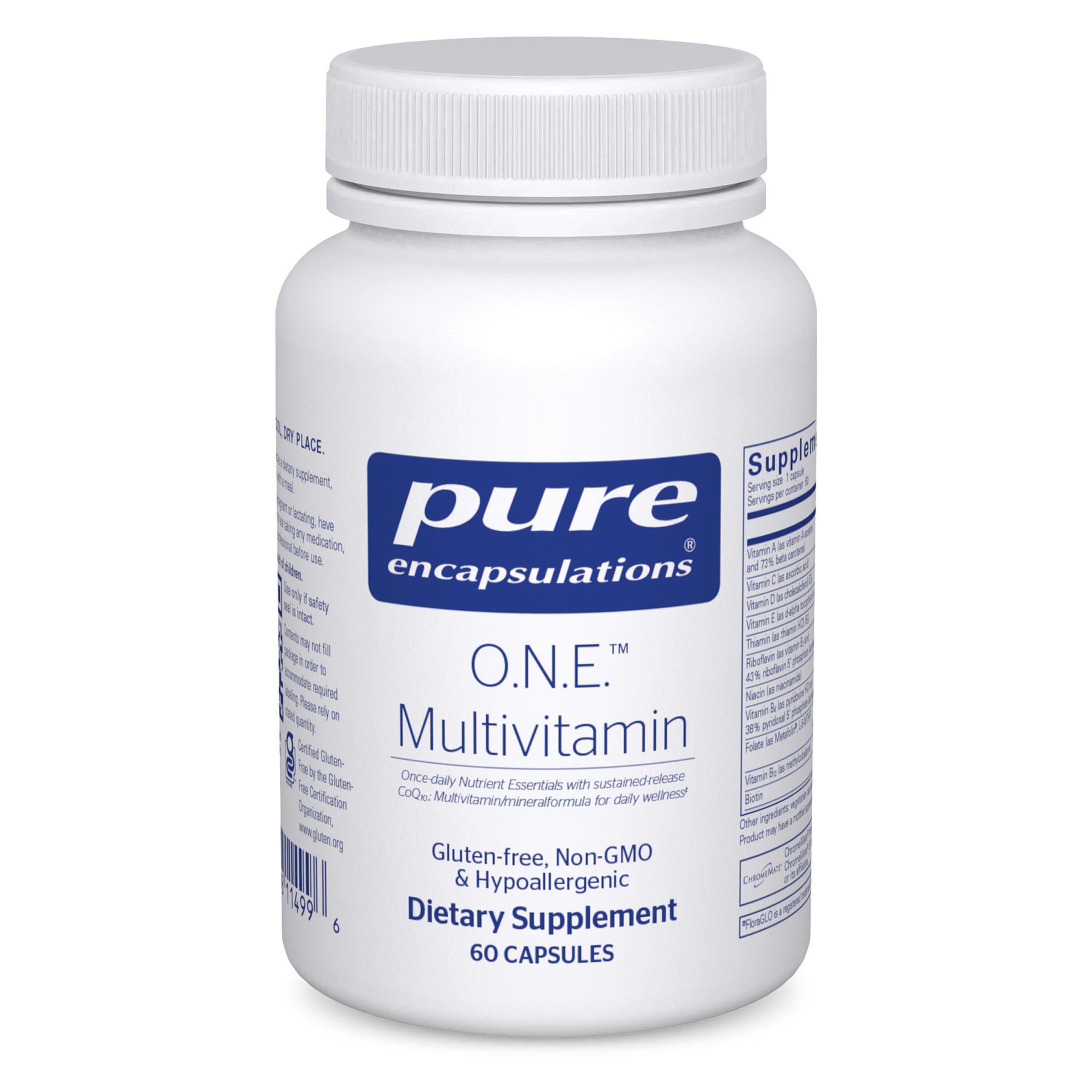 Pure Encapsulations O.N.E. multivitamin bottle pour showing daily capsule routine