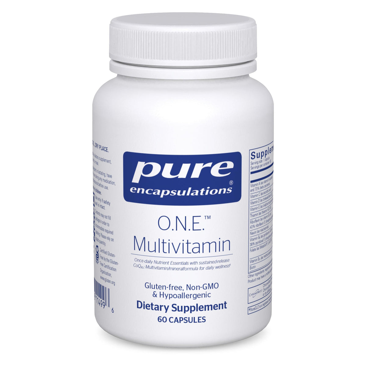 Pure Encapsulations O.N.E. multivitamin bottle pour showing daily capsule routine