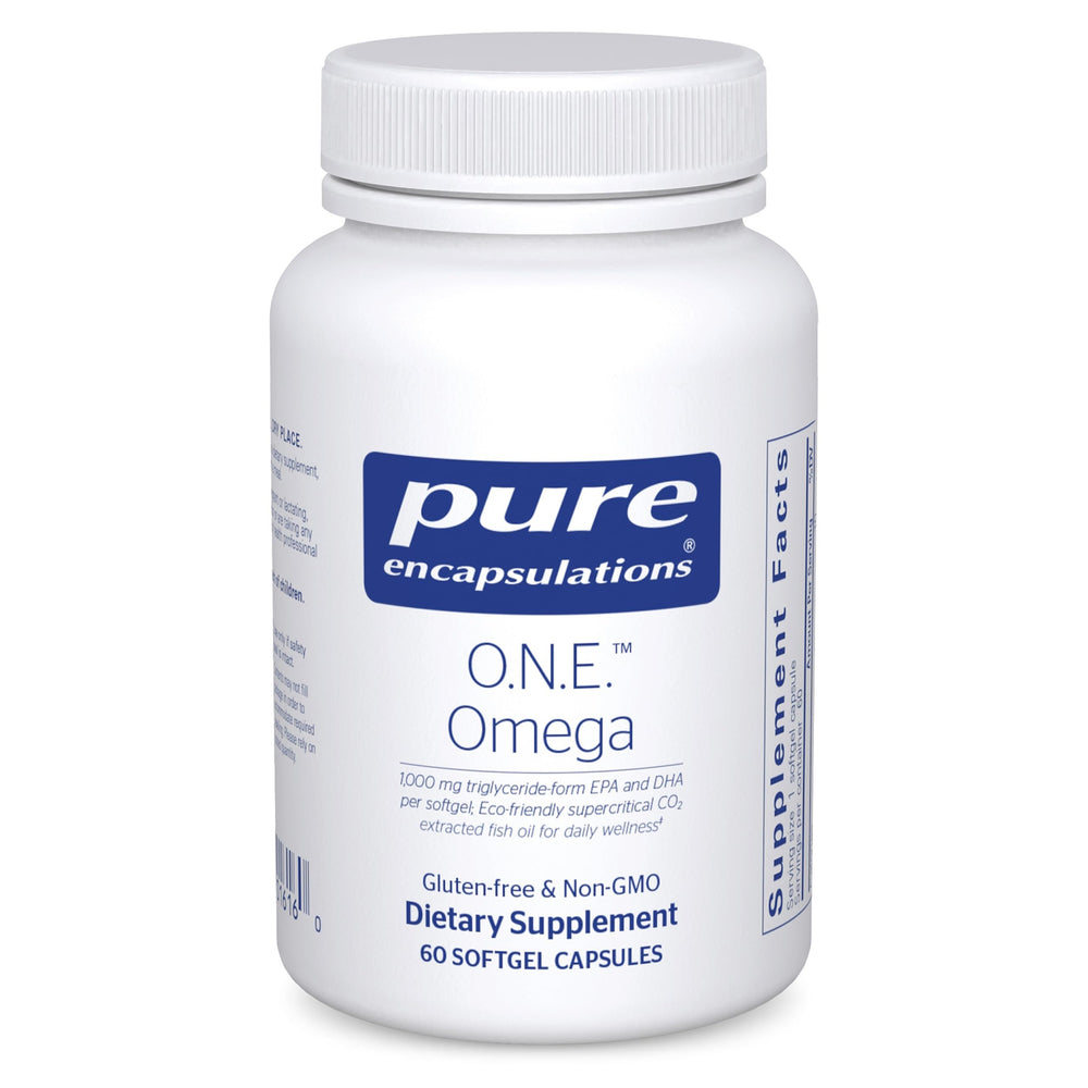 Pure Encapsulations O.N.E. Omega bottle pour demonstrates a simple daily omega-3 routine that may support overall wellness.