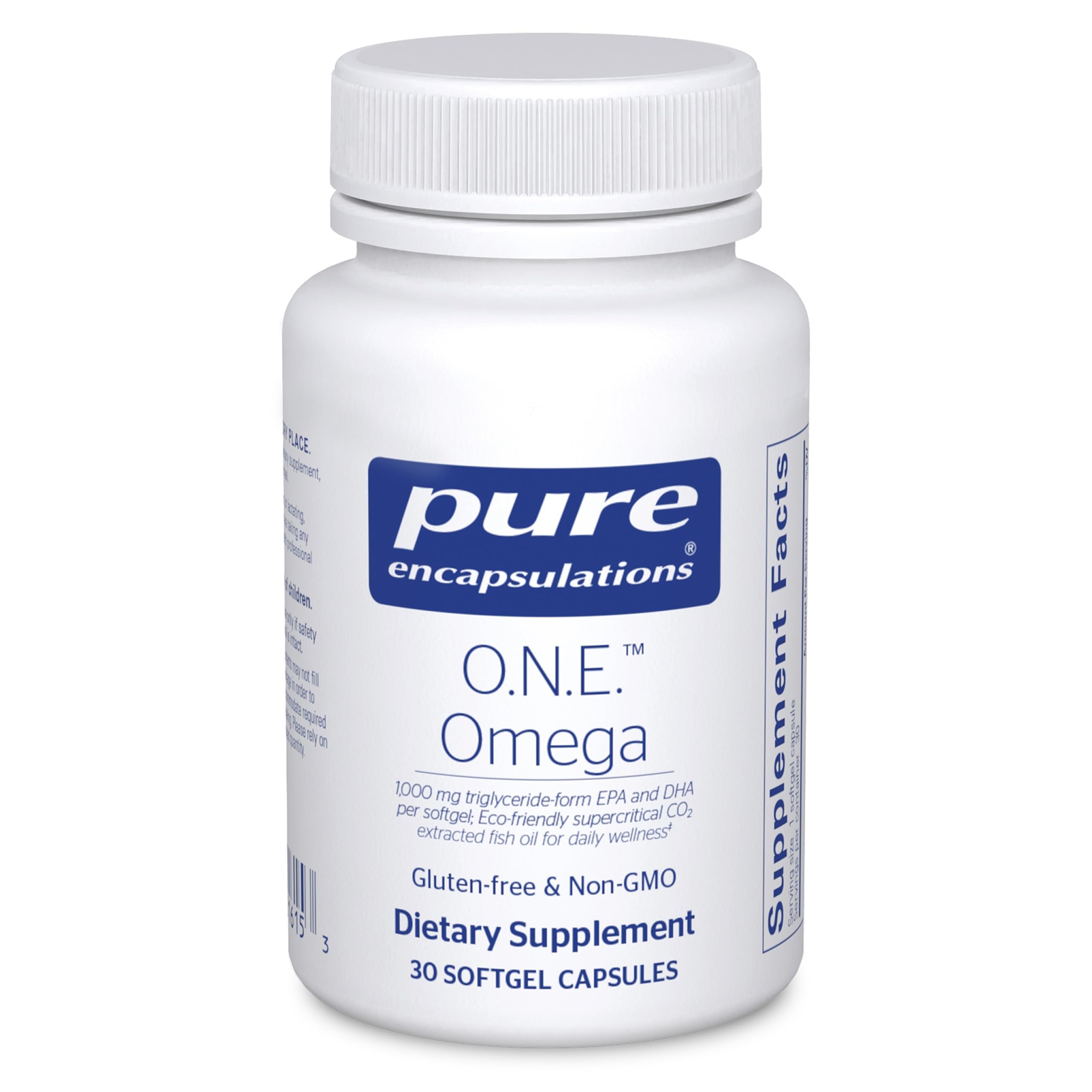 Pure Encapsulations O.N.E. Omega bottle on table for convenient daily fish oil.
