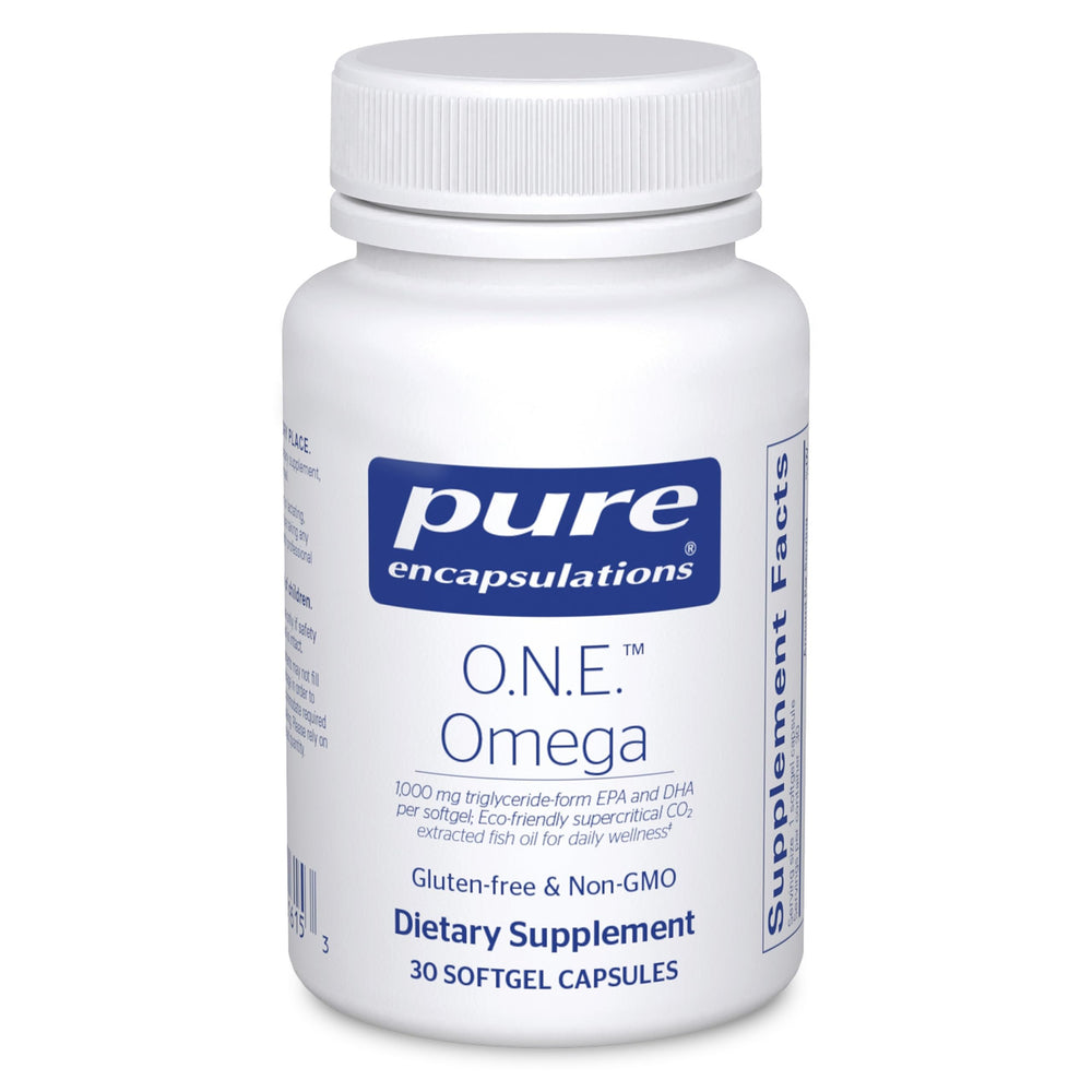 Pure Encapsulations O.N.E. Omega bottle on table for convenient daily fish oil.
