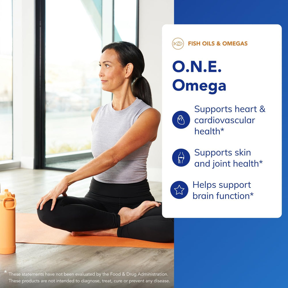 Pure Encapsulations O.N.E. Omega packaging on shelf emphasizes convenience as an all-in-one formula.