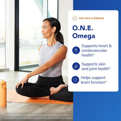 Pure Encapsulations O.N.E. Omega packaging on shelf emphasizes convenience as an all-in-one formula.