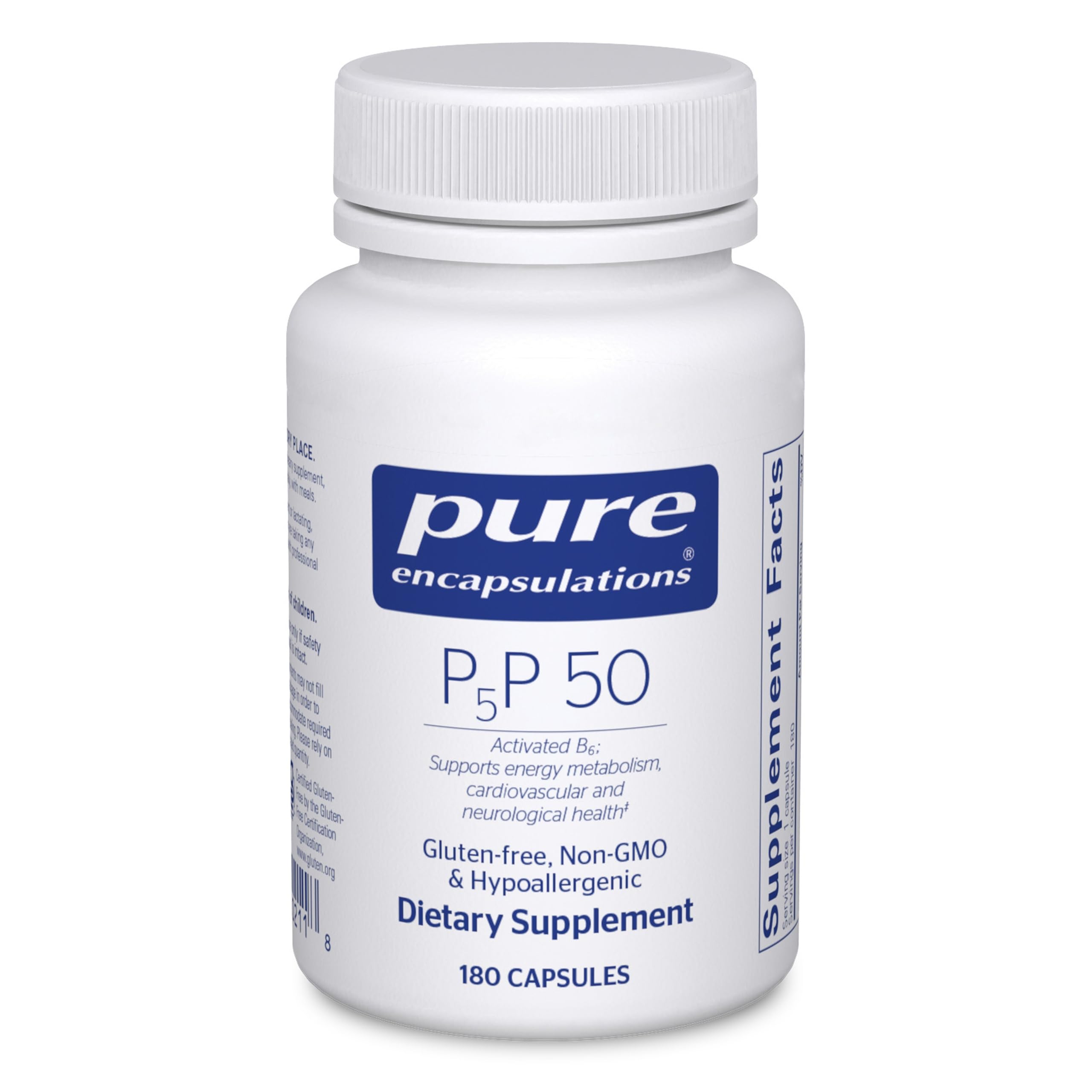 Pure Encapsulations P5P 50 bottle front view showing gluten-free, non-GMO formula for energy support