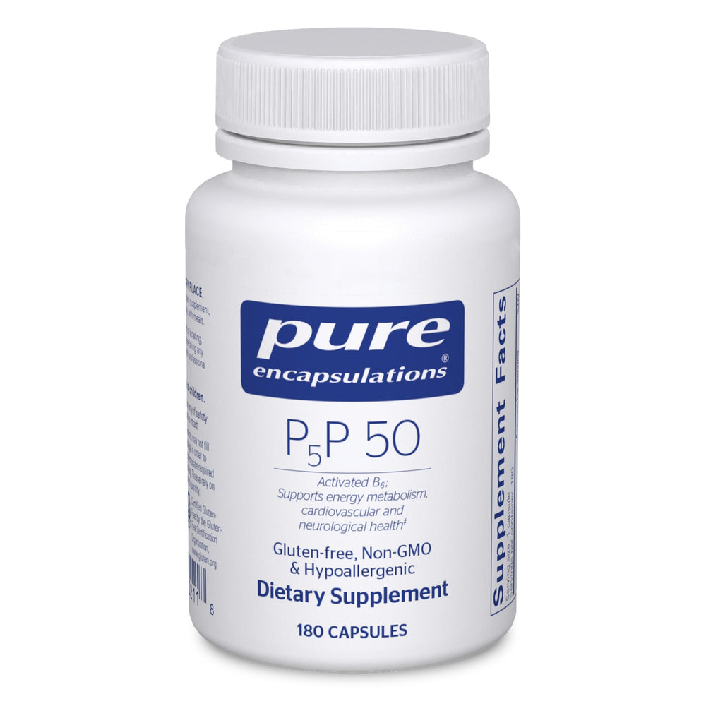 Pure Encapsulations P5P 50 bottle front view showing gluten-free, non-GMO formula for energy support