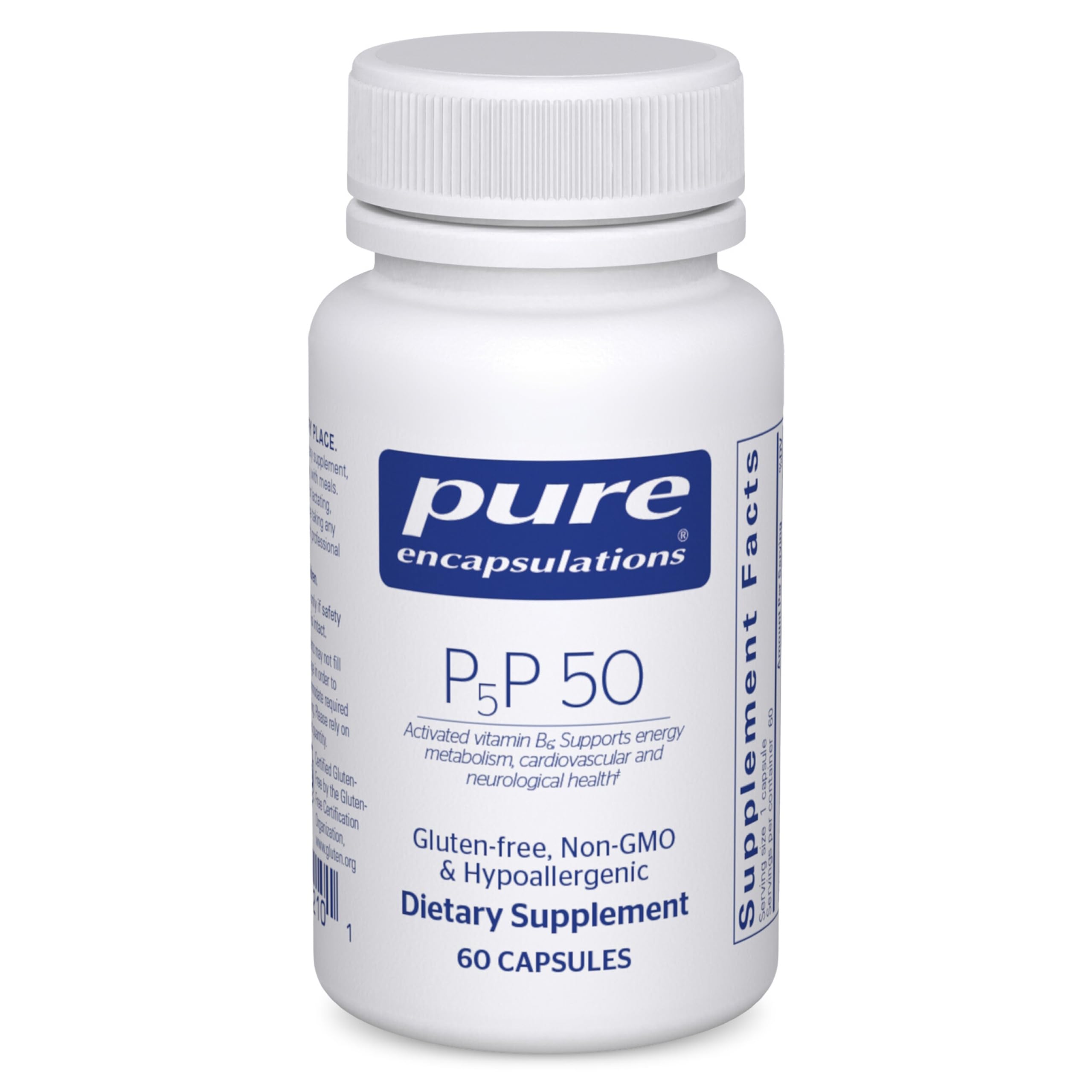 Pure Encapsulations P5P 50 bottle shows activated vitamin B6 in a clean label for energy support