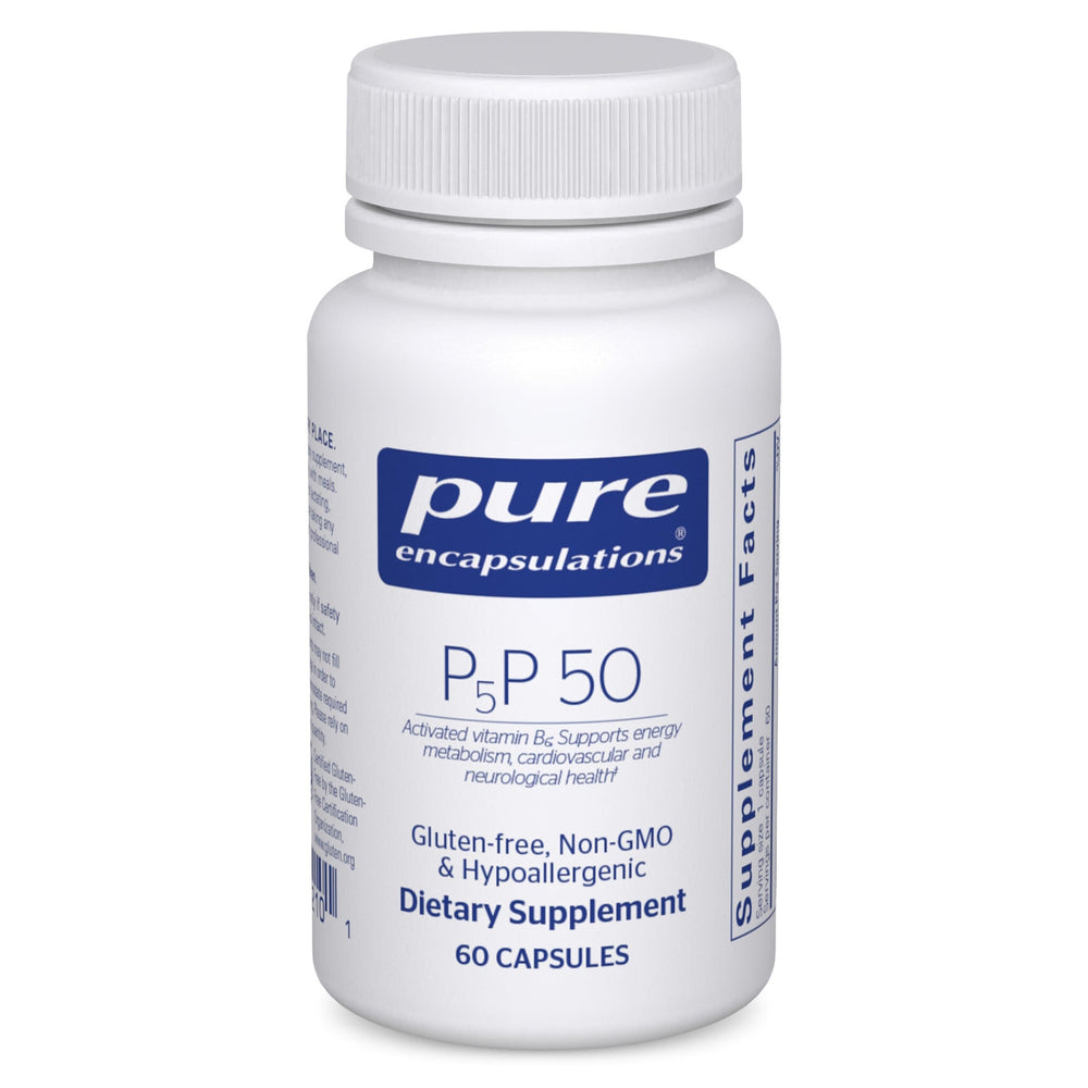 Pure Encapsulations P5P 50 bottle shows activated vitamin B6 in a clean label for energy support