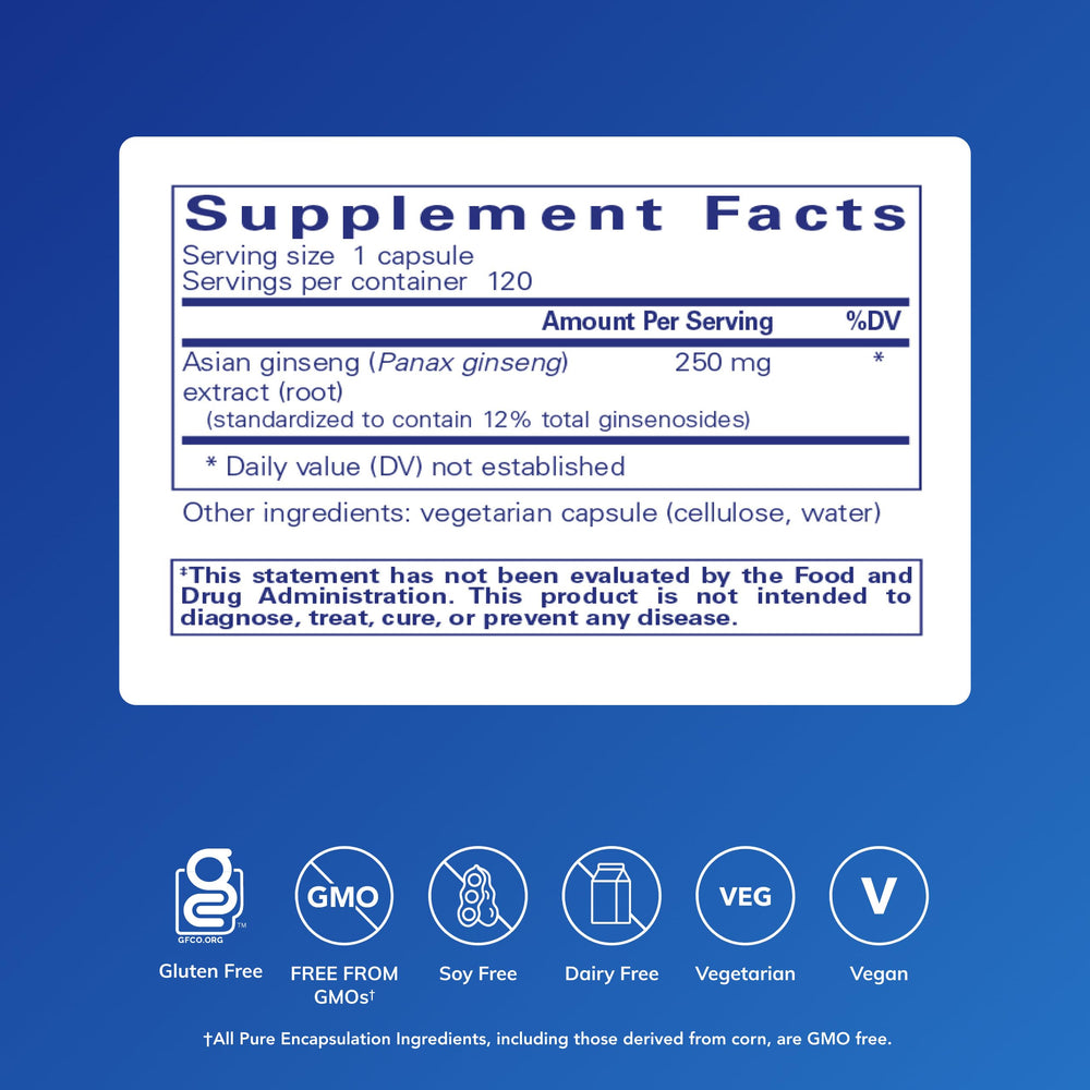 Pure Encapsulations Panax Ginseng bottle label highlighting hypoallergenic formulation
