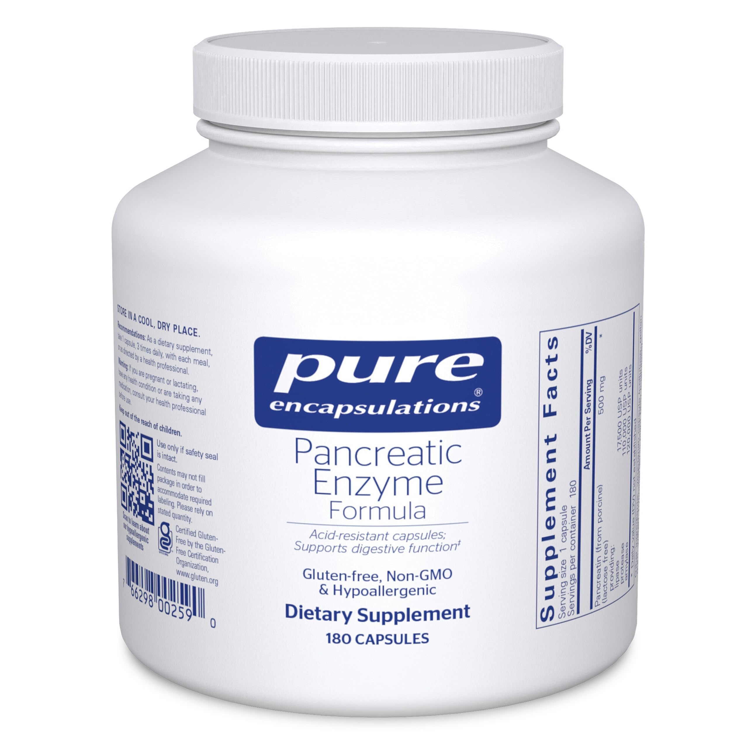 Pure Encapsulations Pancreatic Enzyme Formula bottle shown for easy daily digestion support.