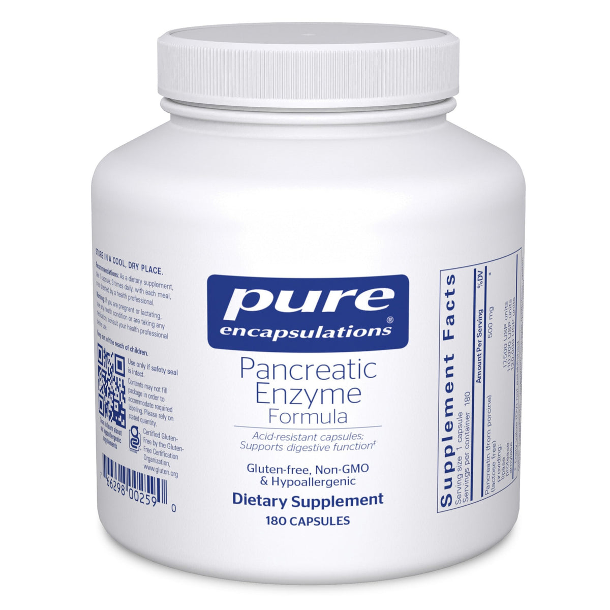 Pure Encapsulations Pancreatic Enzyme Formula bottle shown for easy daily digestion support.