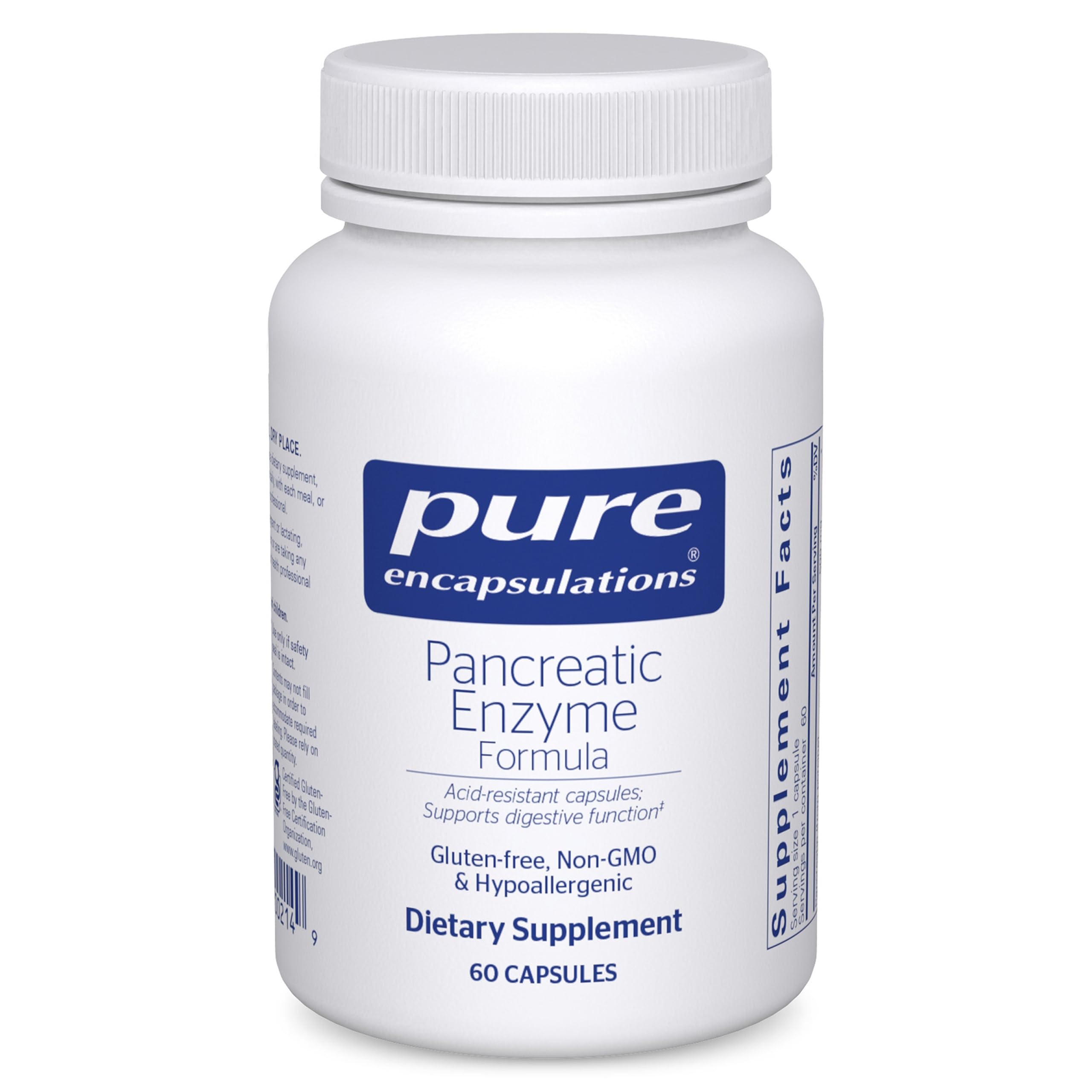 Pure Encapsulations Pancreatic Enzyme Formula bottle shown for digestive support.