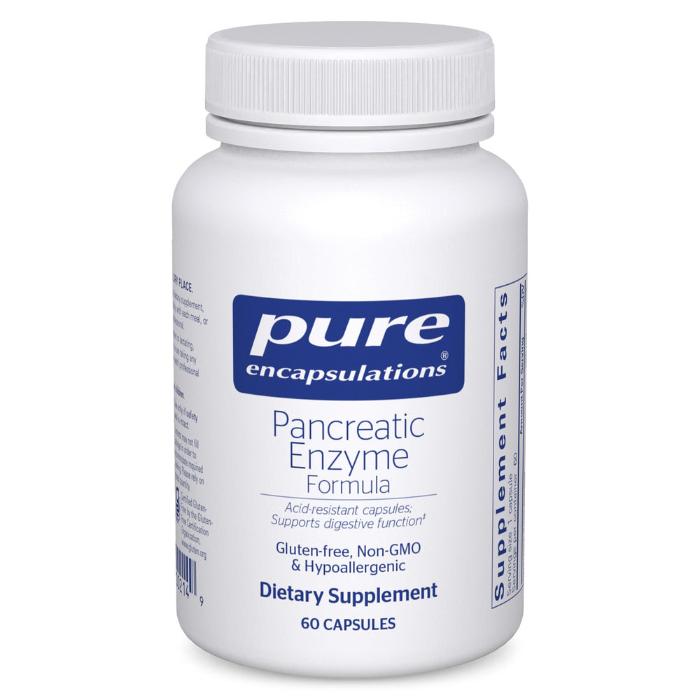 Pure Encapsulations Pancreatic Enzyme Formula bottle shown for digestive support.