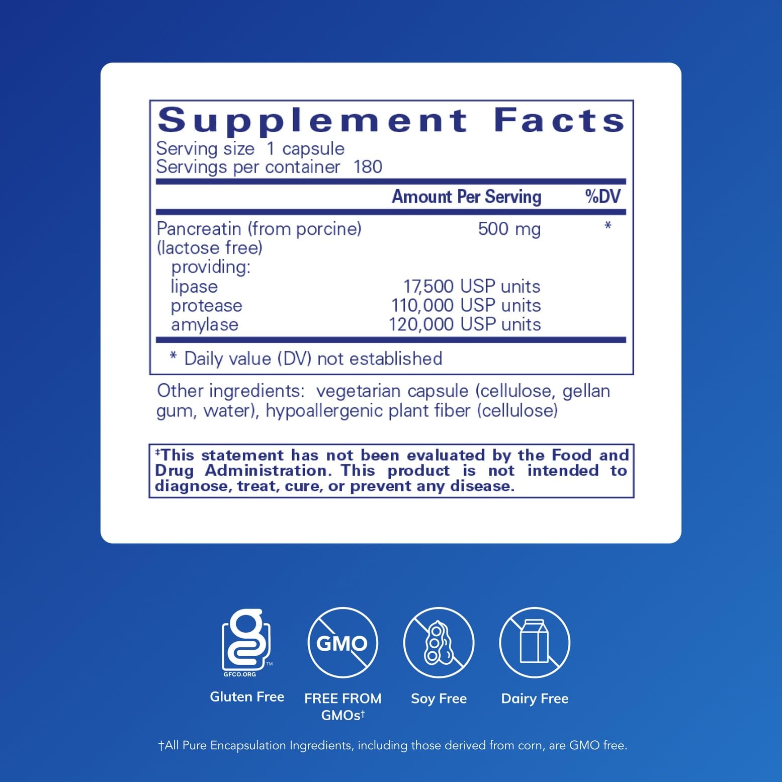 Pure Encapsulations Pancreatic Enzyme Formula label highlighting gluten free and non-GMO.