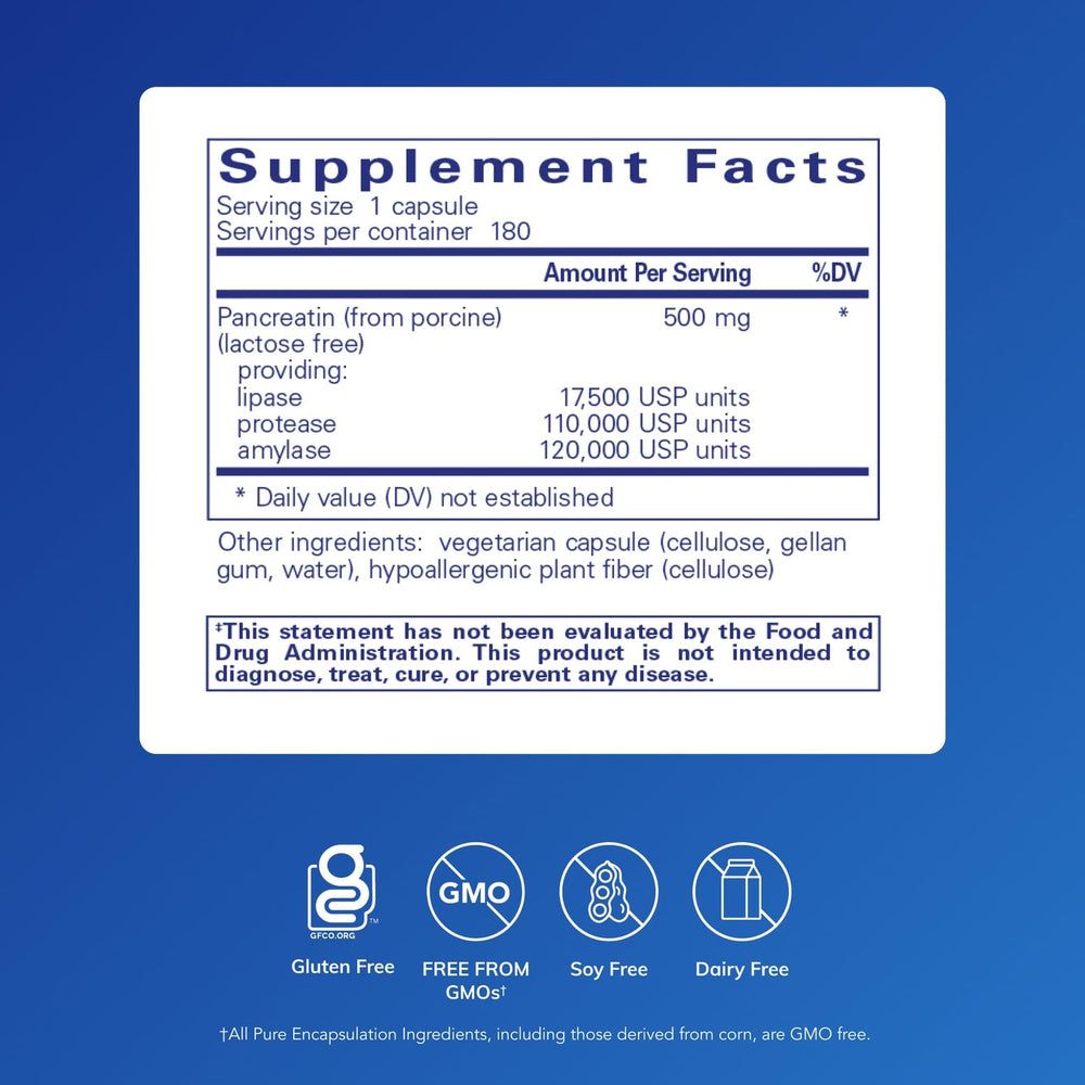 Pure Encapsulations Pancreatic Enzyme Formula label highlighting gluten free and non-GMO.