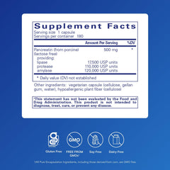 Pure Encapsulations Pancreatic Enzyme Formula label highlighting gluten free and non-GMO.