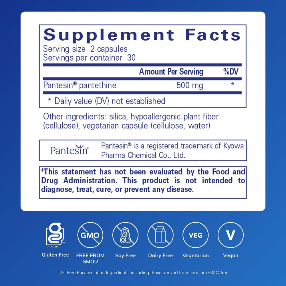 Pantethine label closeup highlighting purity and CoA relevance for lipids