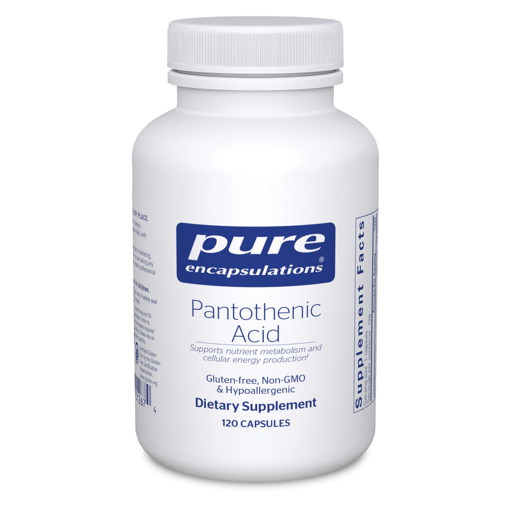 Pure Encapsulations Pantothenic acid bottle front showing hypoallergenic daily energy support.