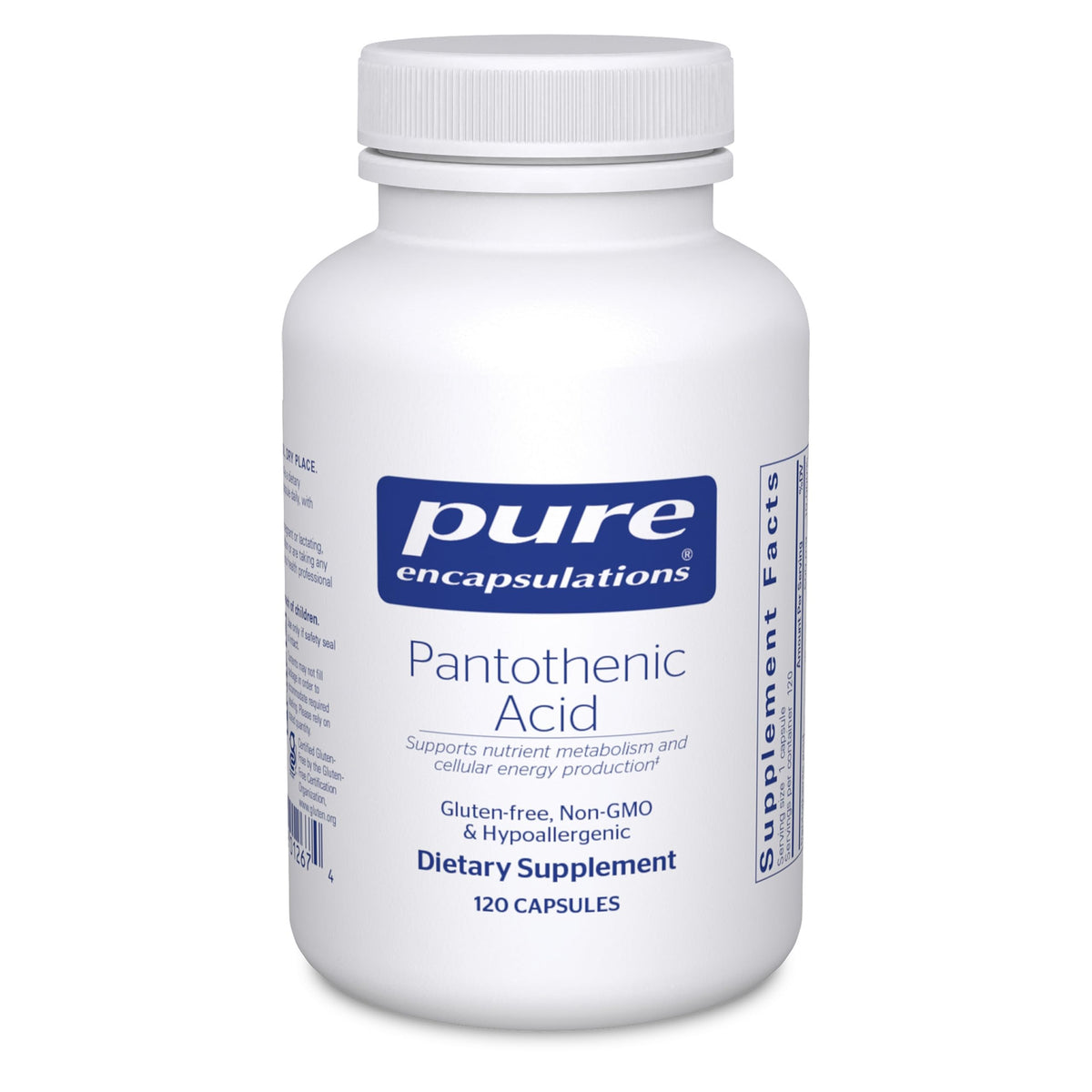 Pure Encapsulations Pantothenic acid bottle front showing hypoallergenic daily energy support.