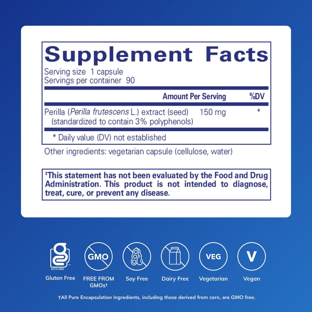 Pure Encapsulations Perilla Extract label showcases premium, allergen-free formulation