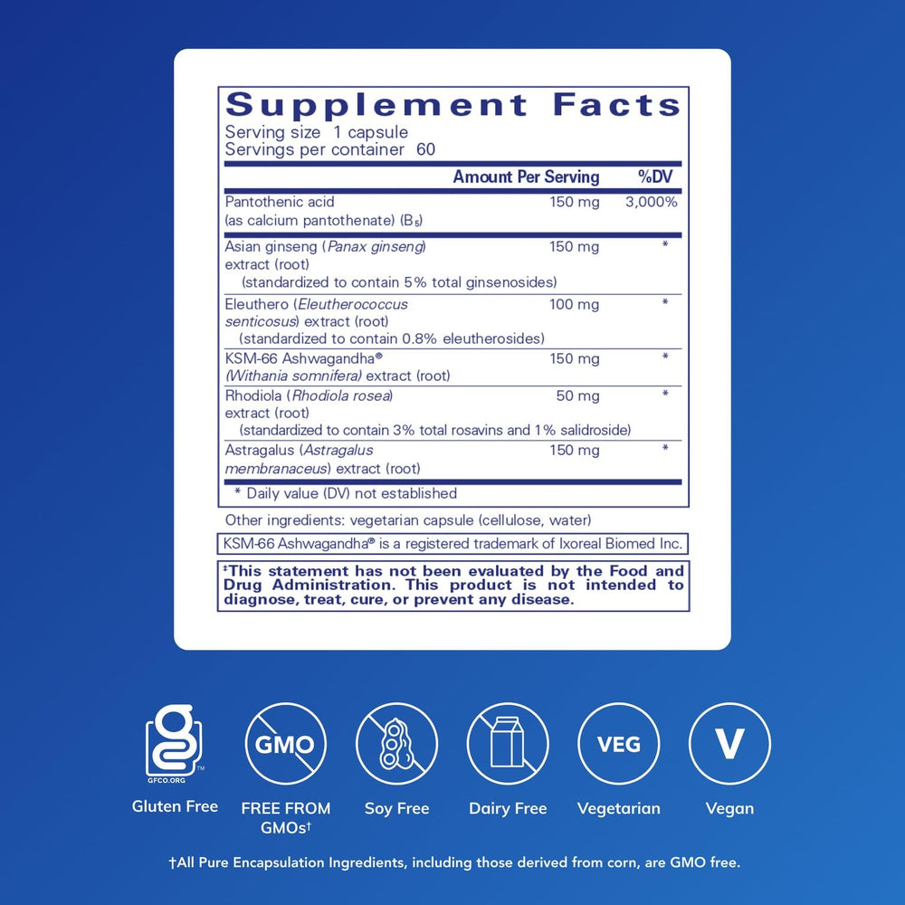 Pure Encapsulations Phyto-ADR bottle close-up highlighting plant-based adaptogens for balance.