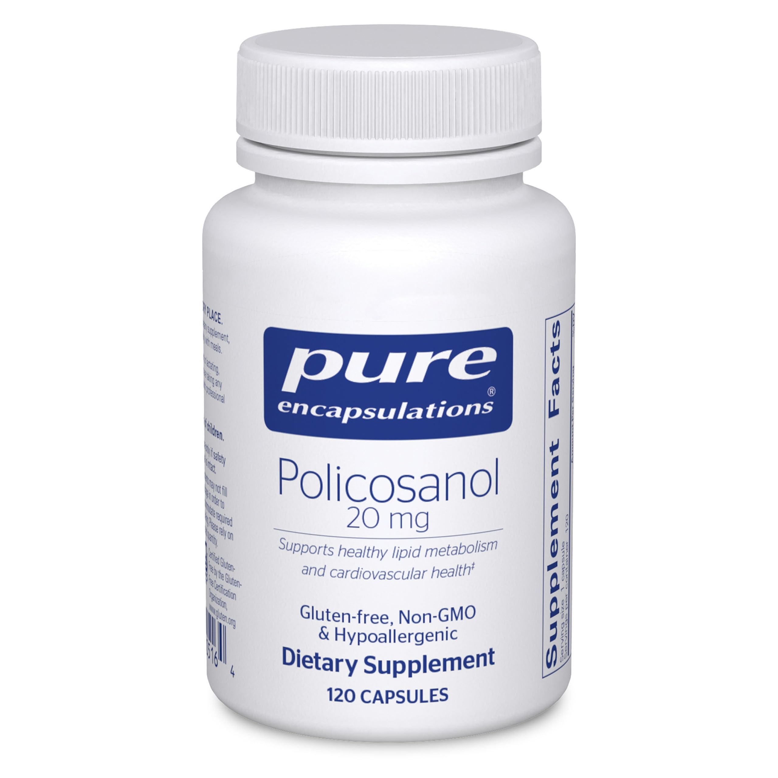 Pure Encapsulations Policosanol 20 mg bottle on a clean surface; supports healthy lipid metabolism.