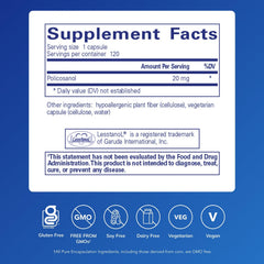 Policosanol 20 mg capsules close-up; highlights a supplement for cardiovascular function.