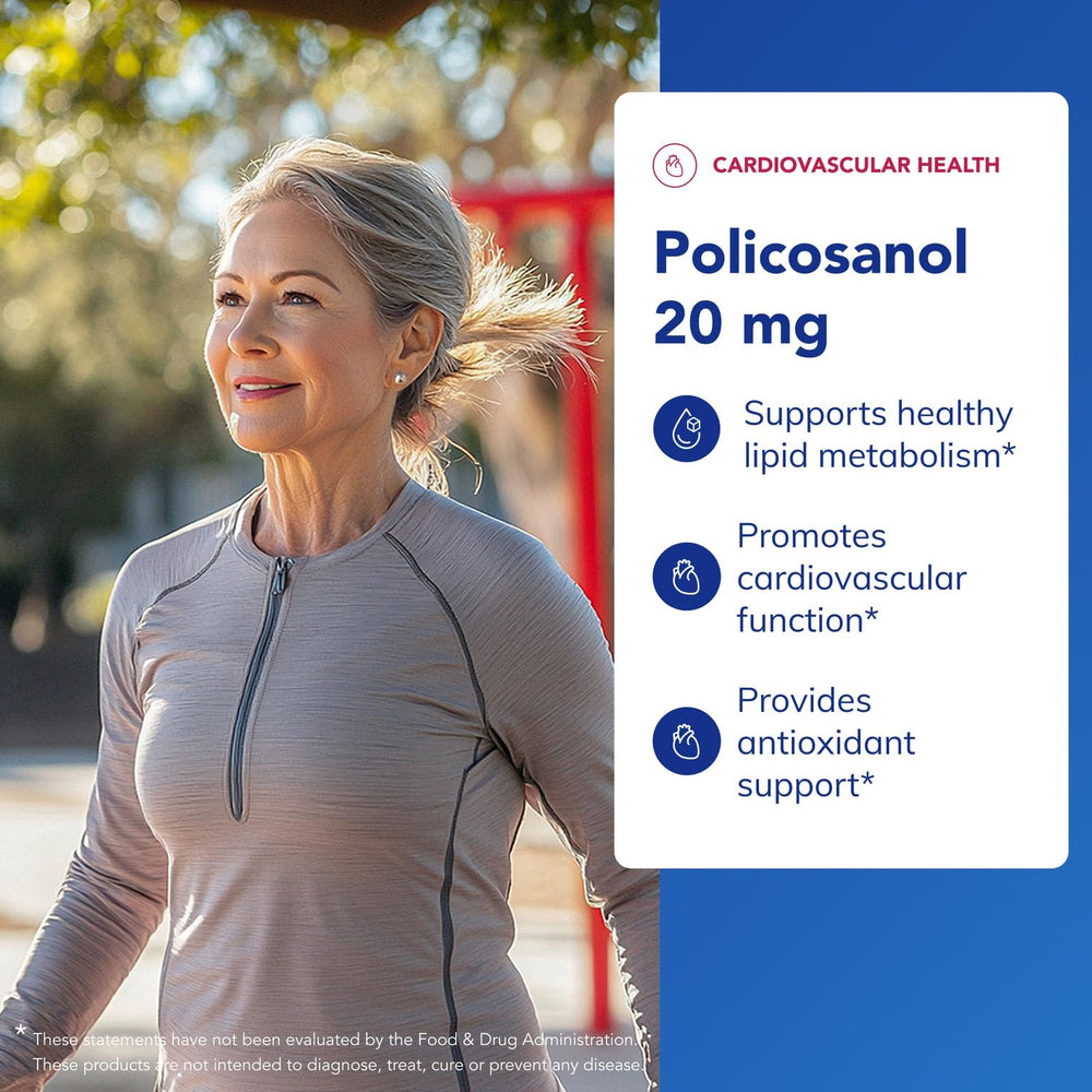 Policosanol 20 mg label close-up; emphasizes purity for allergy-conscious consumers.