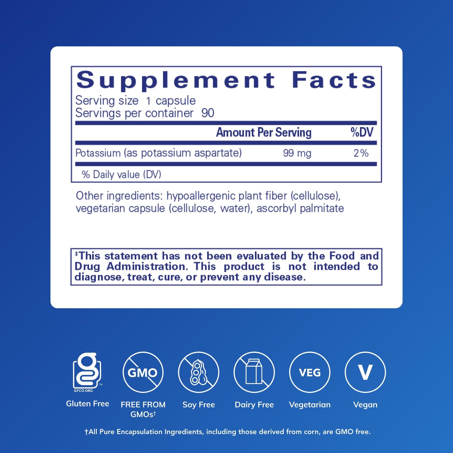 Frasco de 90 cápsulas de Pure Encapsulations Potasio Aspartato para equilibrio electrolítico diario.