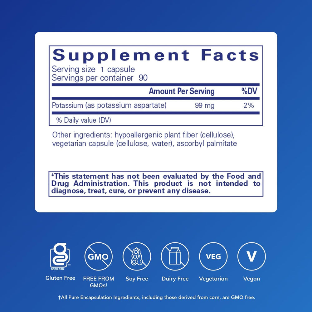 Frasco de 90 cápsulas de Pure Encapsulations Potasio Aspartato para equilibrio electrolítico diario.
