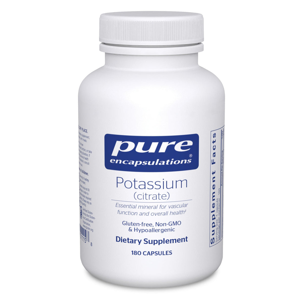 Pure Encapsulations Potassium Citrate bottle front showing electrolyte support for nerves and muscles.