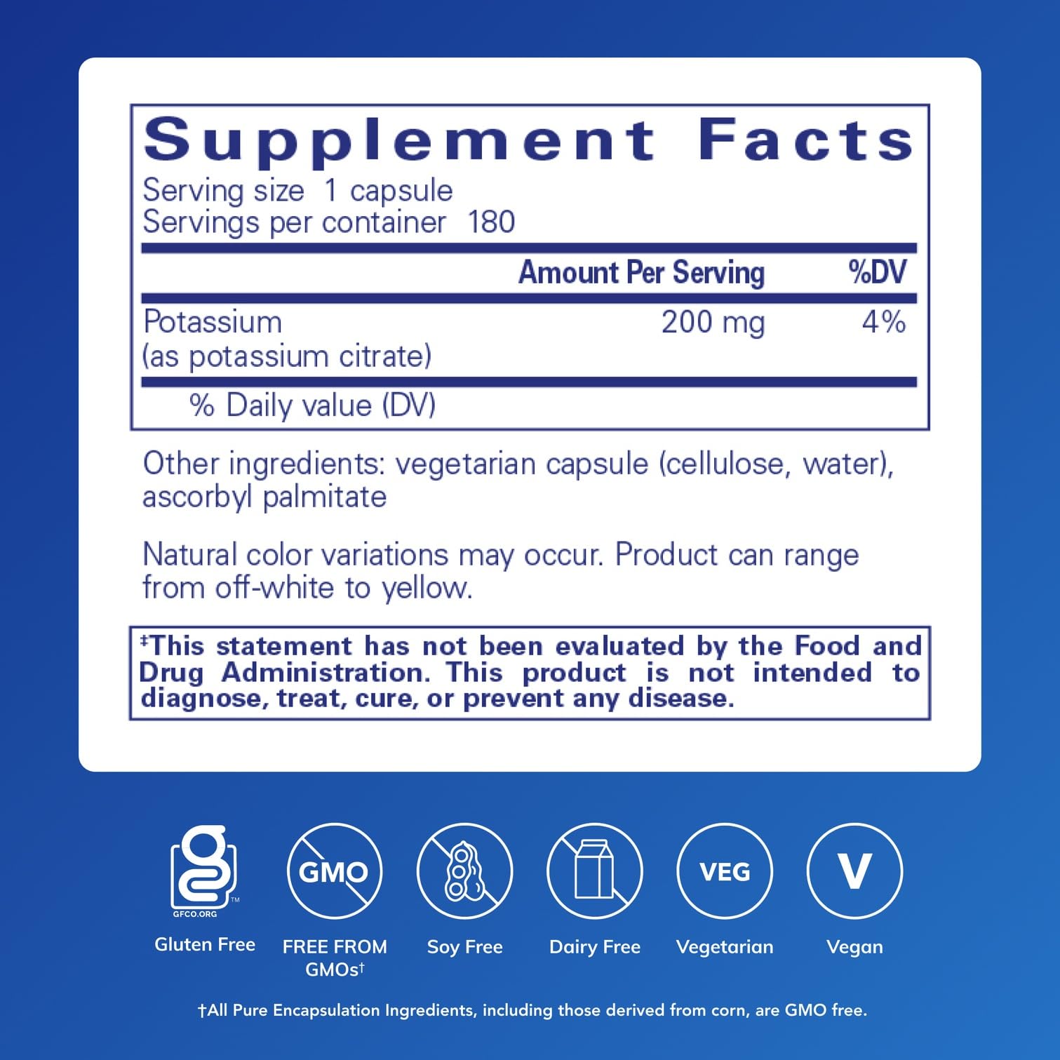 Pure Encapsulations Potassium Citrate bottle label highlighting allergen-free formulation.