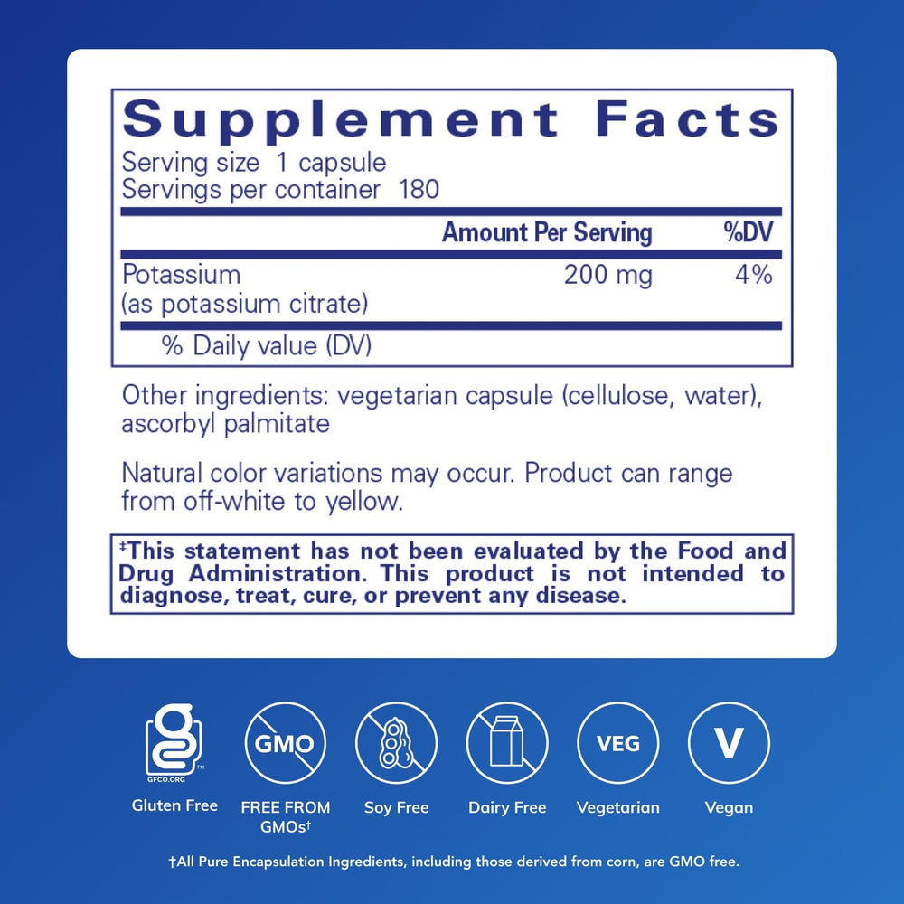 Pure Encapsulations Potassium Citrate bottle label highlighting allergen-free formulation.